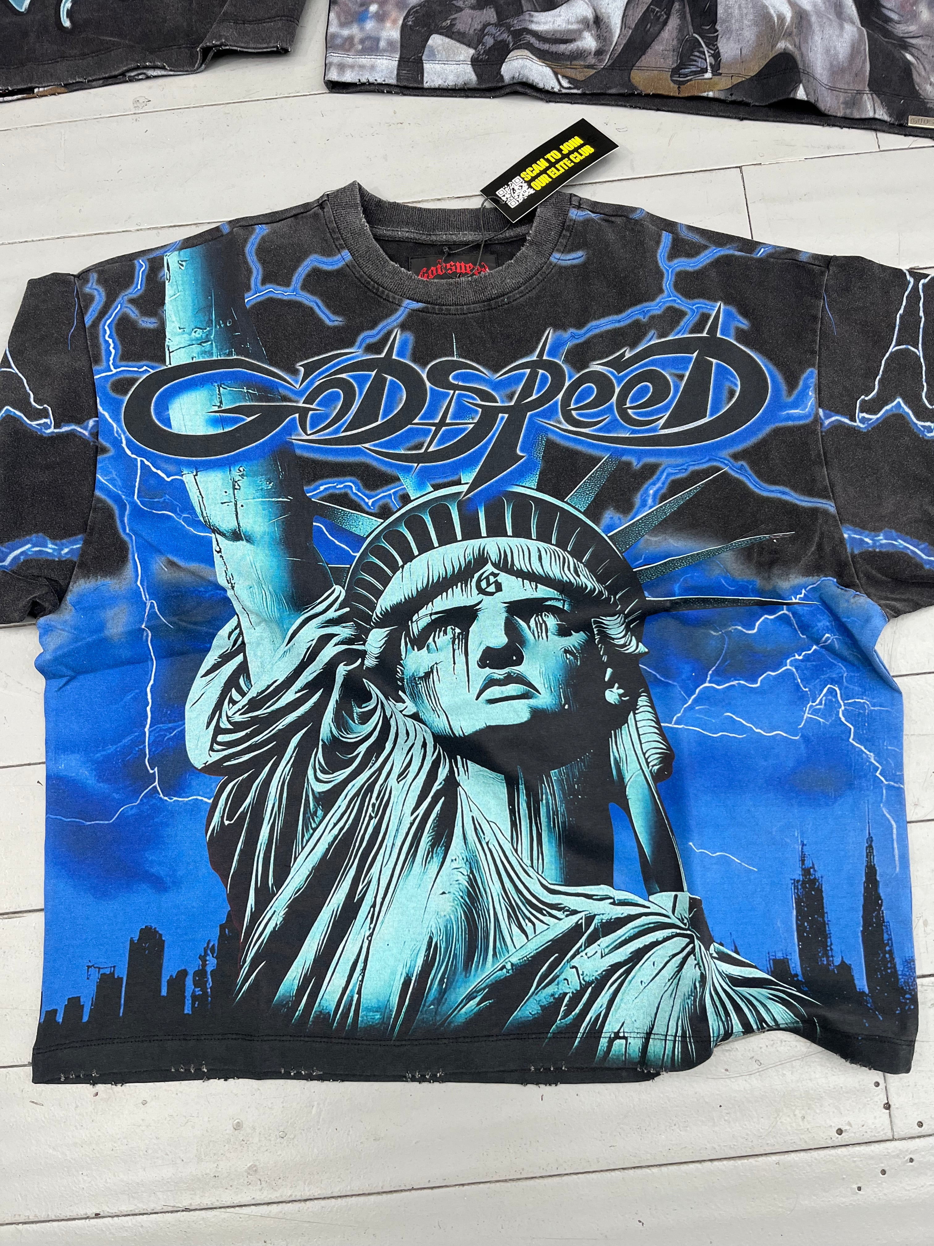 Godspeed black tee Statue of Liberty blue