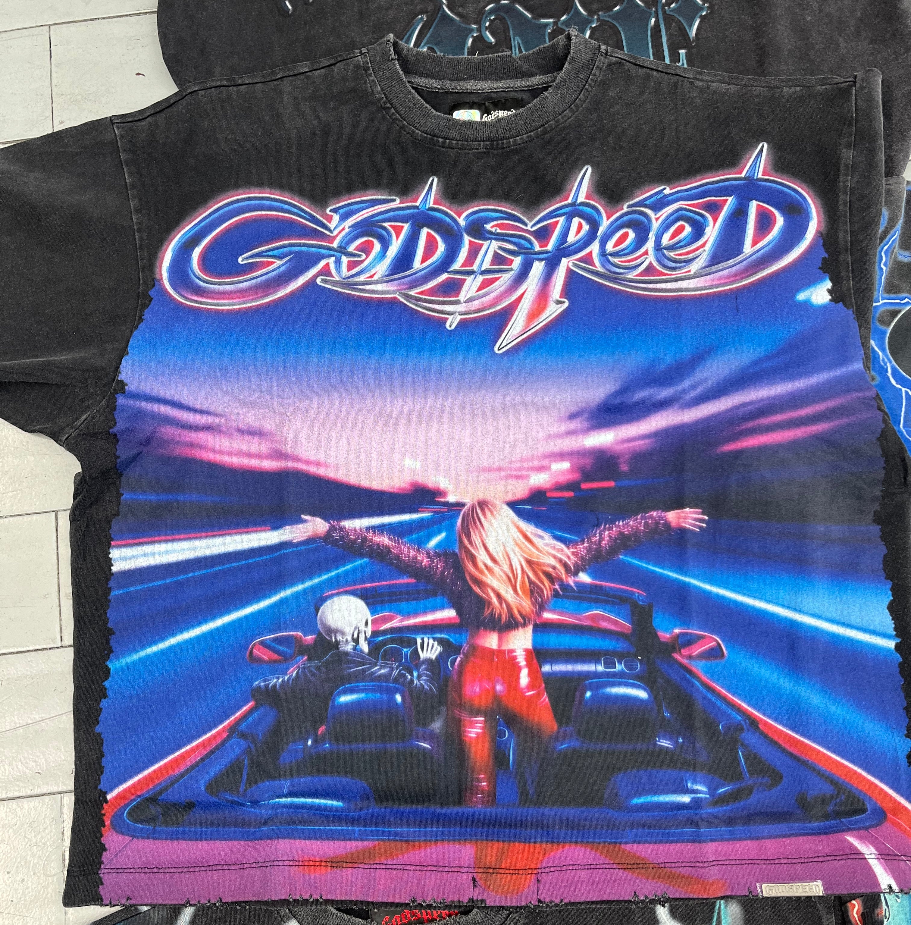 Godspeed black tee girl red convertible