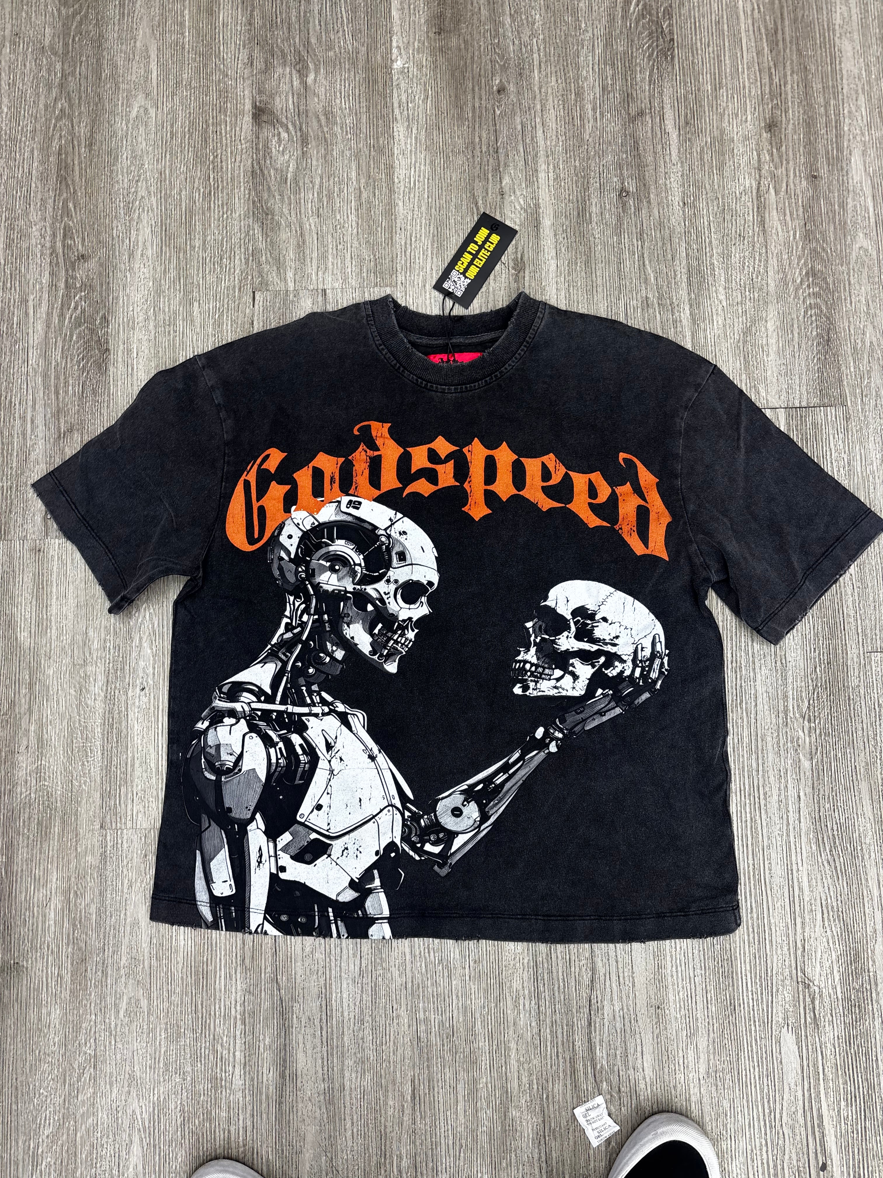 Godspeed tee robot holding skull black/ orange logo
