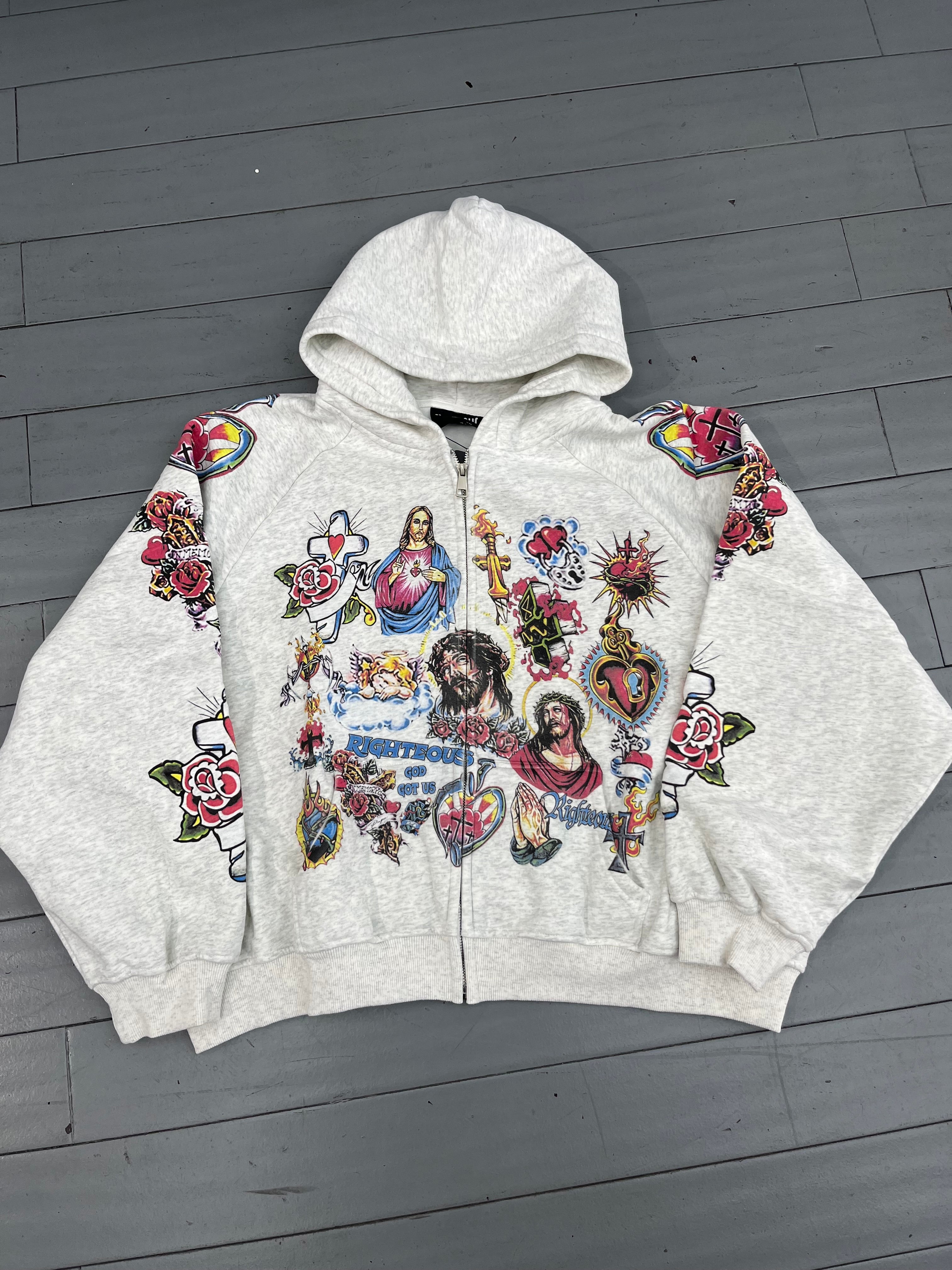 Righteous zip up all over jesus grey