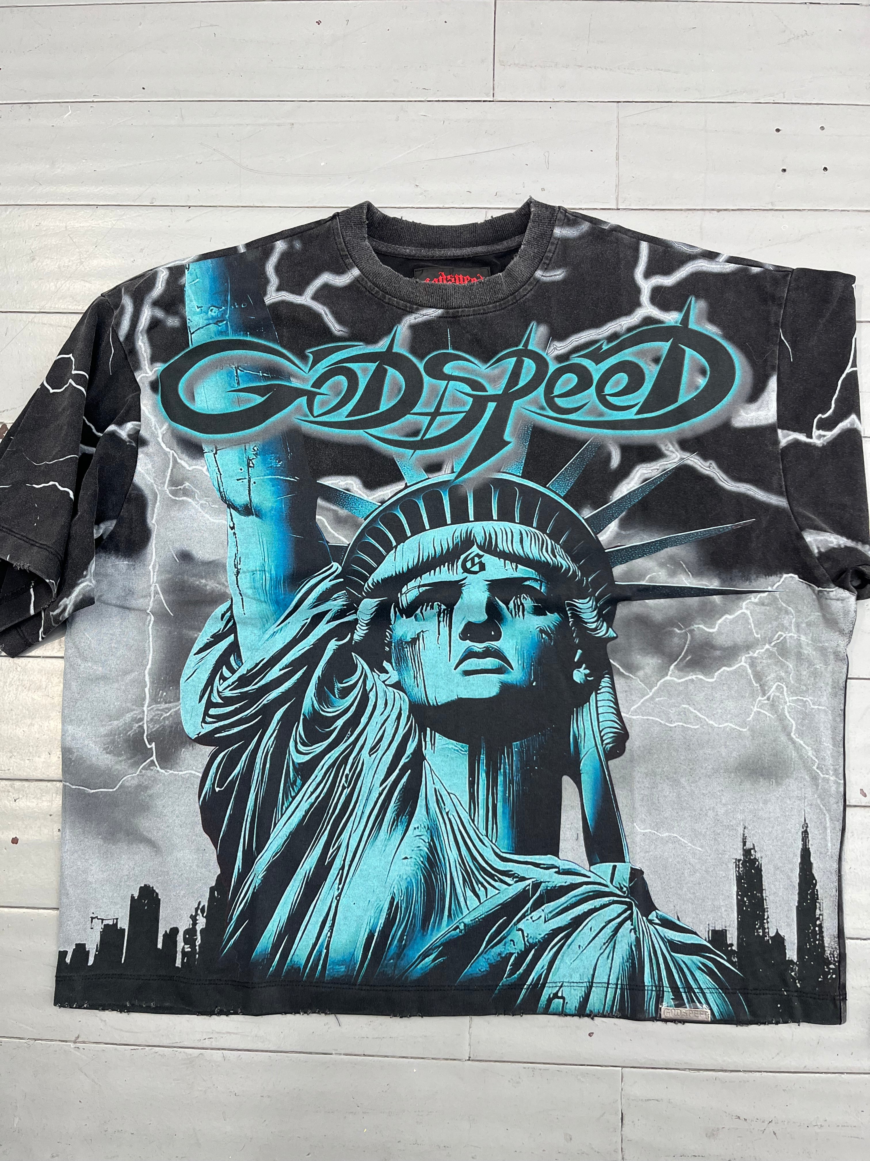 Godspeed black tee Statue of Liberty grey