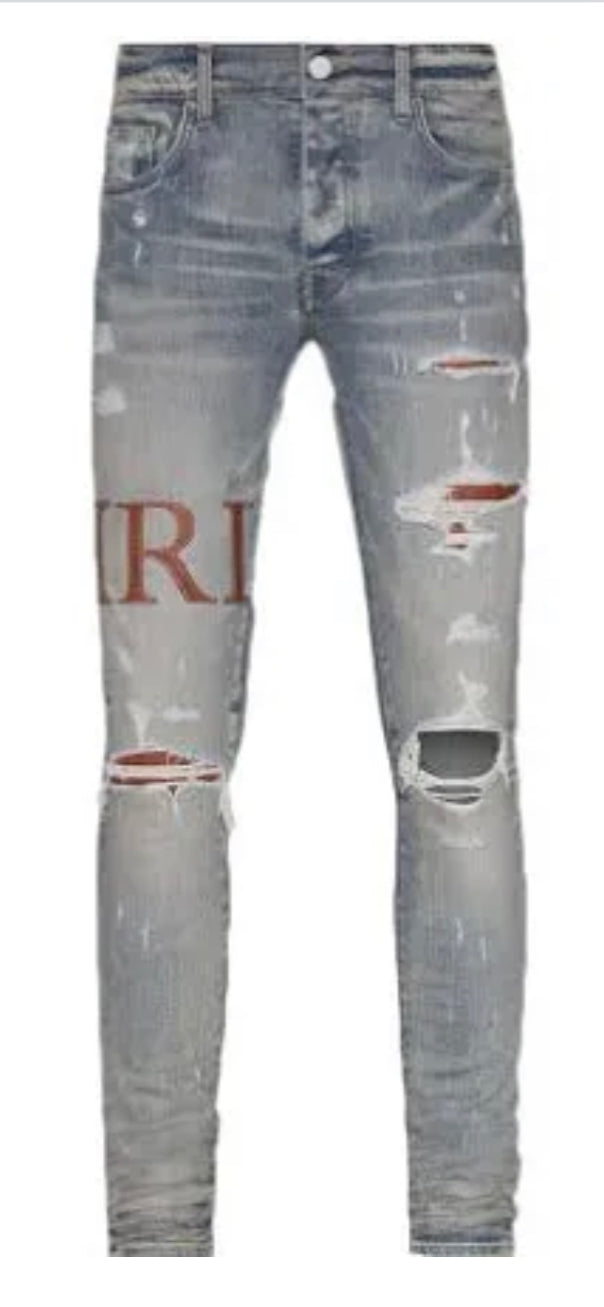 Amiri jeans Stitch logo light blue/ brown